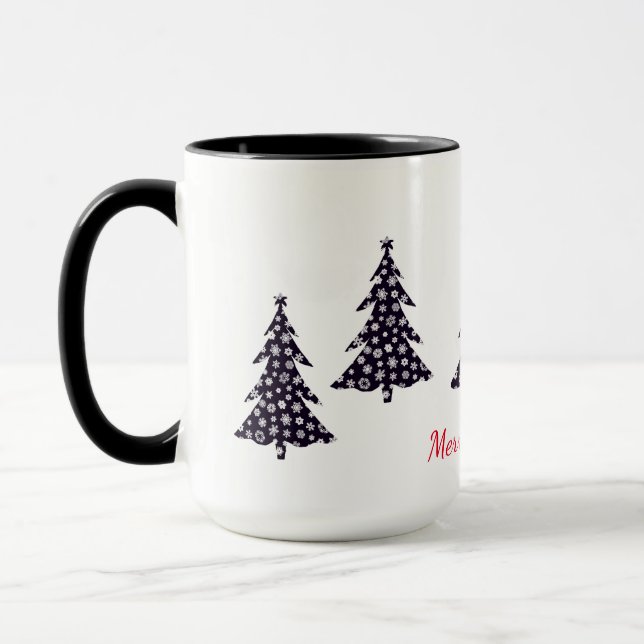 Taza Feliz Navidad, árboles negros con nieve cayendo (Izquierda)