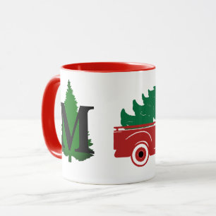 Taza Feliz Navidad camioneta y monograma de árbol