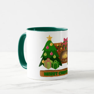 Taza Feliz Navidad cerca de la chimenea de fuego árbol
