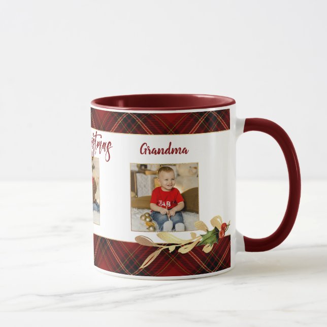 Taza Feliz Navidad Dorado deja 3 fotos Tartán Rojo (Derecha)