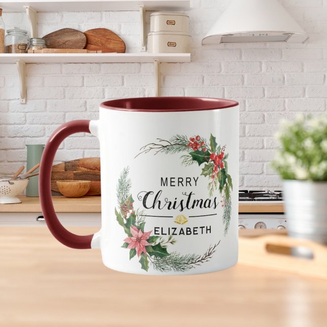 Taza Feliz Navidad Floral Wreath and Script Maroon (Subido por el creador)