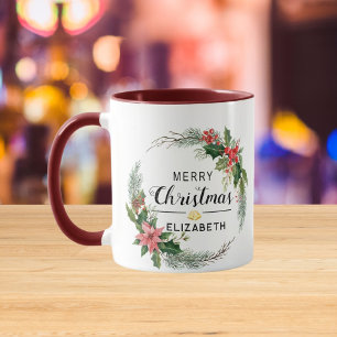Taza Feliz Navidad Floral Wreath and Script Maroon