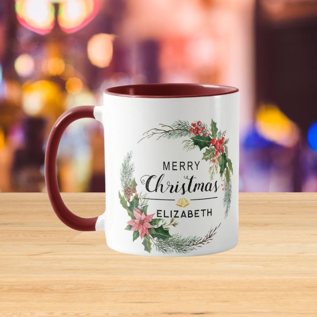 Taza Feliz Navidad Floral Wreath and Script Maroon (Subido por el creador)