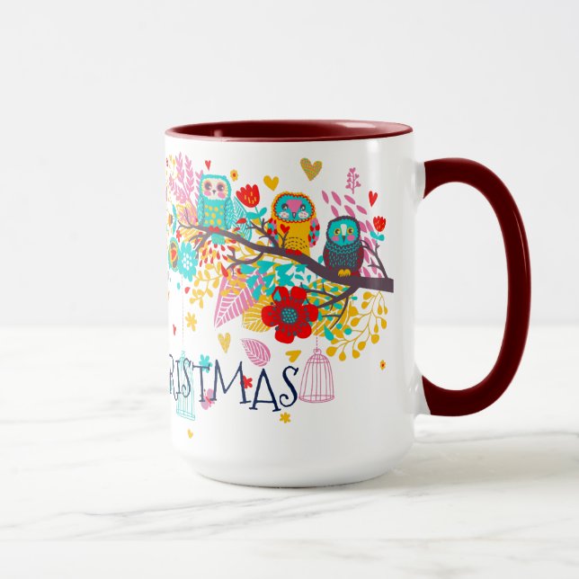 Taza Feliz Navidad Flores y búhos coloridos (Derecha)