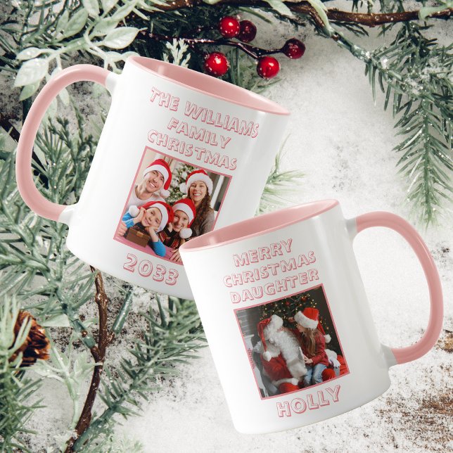 Taza Feliz Navidad, hija foto rosa y blanca (Front And Back)