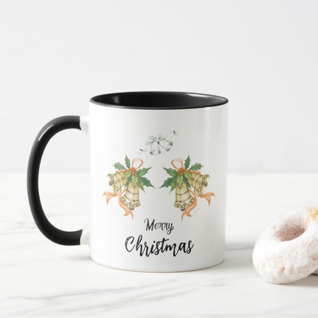 Taza Feliz navidad lindo Naranja verde campanas (Con donut)
