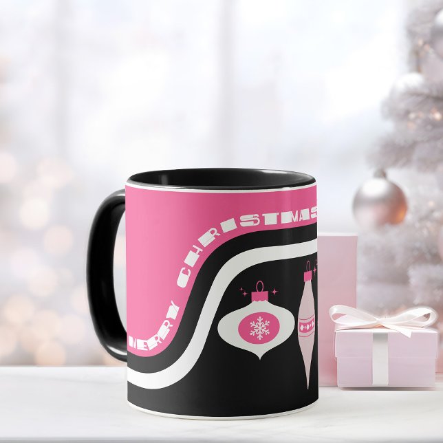Taza Feliz Navidad Mug Con Ornamentos Rosa Y Negro (Christmas mug pink and black merry Christmas color mug Christmas gift idea)