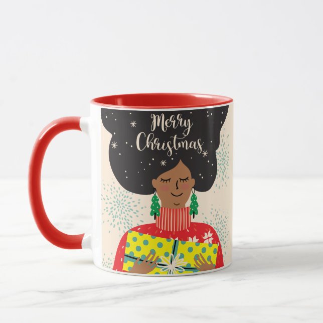 Taza Feliz Navidad, mujer negra, dulce brillante (Izquierda)
