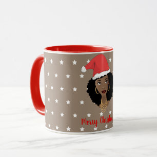 Taza Feliz Navidad, mujer negra, estrellas blancas, mar
