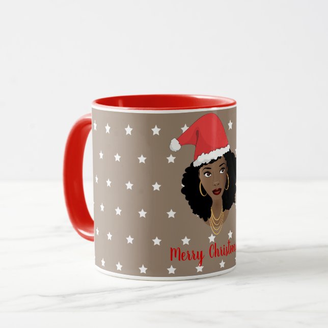 Taza Feliz Navidad, mujer negra, estrellas blancas, mar (Anverso izquierdo)