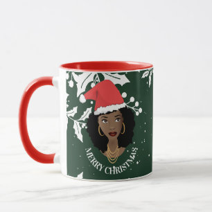 Taza Feliz Navidad, Mujer Negra, Sombrero Red Santa, Ve