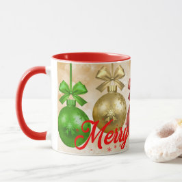 Taza Feliz Navidad Ornamentos verdes rojos Copos de nie