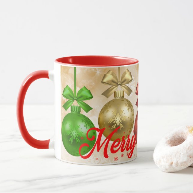 Taza Feliz Navidad Ornamentos verdes rojos Copos de nie (Con donut)