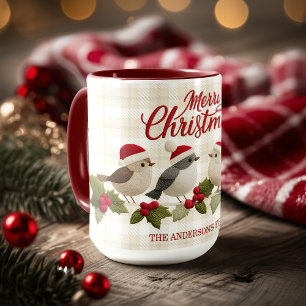 Taza Feliz Navidad Pájaros Bordados Nombre Lindo