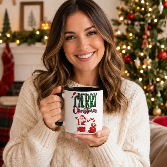 Taza Feliz Navidad Plaid Santa con Acento Negro (Subido por el creador)