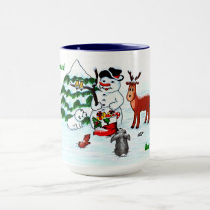 Taza ¡Feliz Navidad! Snowman con sus amigos