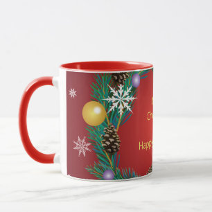 Taza ¡Feliz Navidad! sobre un fondo rojo de lujo.