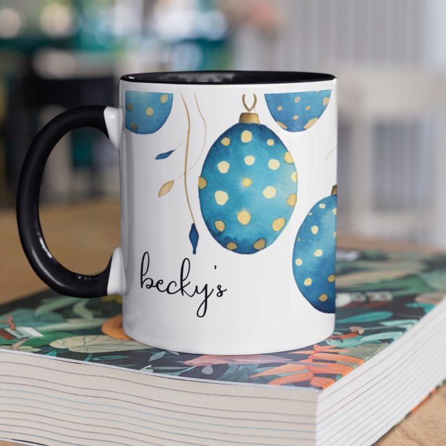 Taza Feliz Pascua Bondi Polka Azul Huevos de Pascua (Customizable on two sides polka dot in blue and gold Easter Eggs coffee mug. )