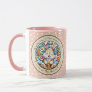 Taza Feliz Pascua con conejo lindo, huevos y floral
