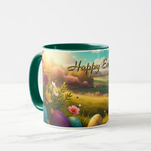 Taza Feliz Pascua en un paisaje primaveral