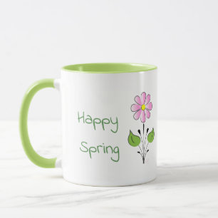 Taza Feliz primavera verde tipo con flor rosa