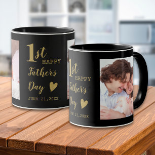Taza Feliz primer día del padre 2 foto negro y dorado