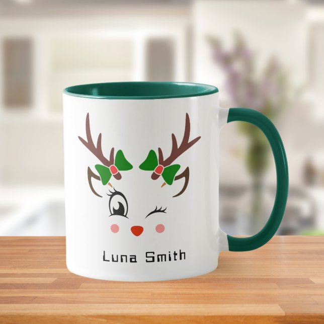 Taza Feliz Regalo navideño Deer Cute enfrenta café verd (Subido por el creador)