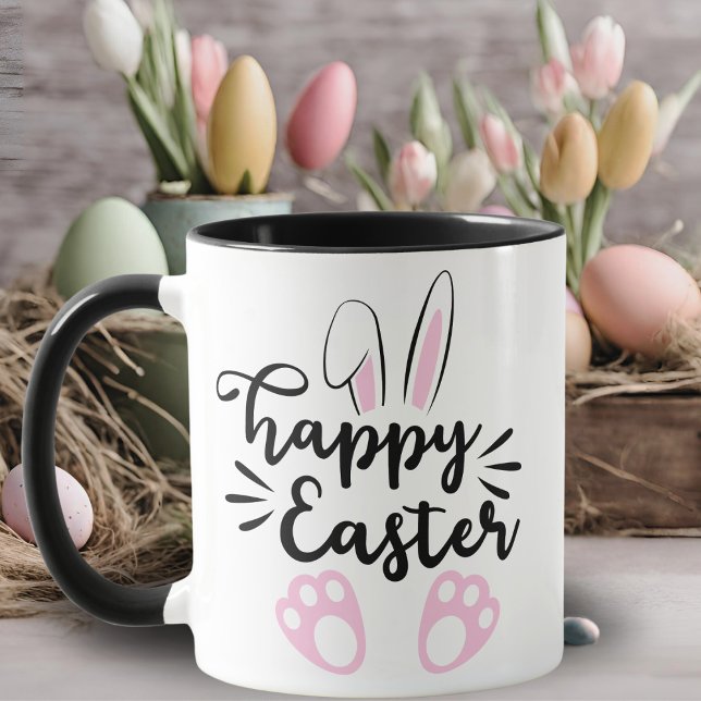 Taza Feliz Semana Santa Conejana Negra y Pascua Rosa (Happy Easter Bunny Black and Pink Easter Mug)