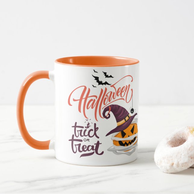 Taza Feliz truco de Halloween o trata café de calabaza (Con donut)