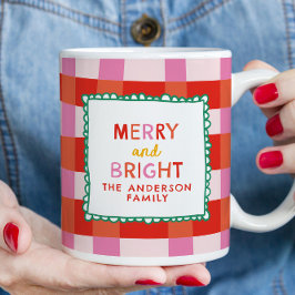 Taza Feliz y brillante Gingham personalizado Rojo y Ros