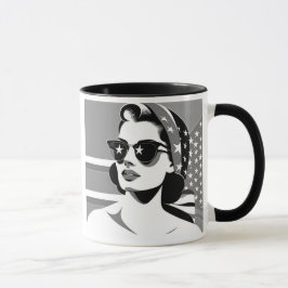 Taza Femme rétro aux lunettes étoilées.