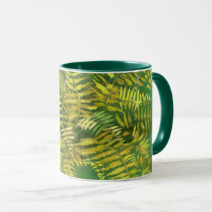 Taza Fern, frondas, florido, verde dorado verde vegetac