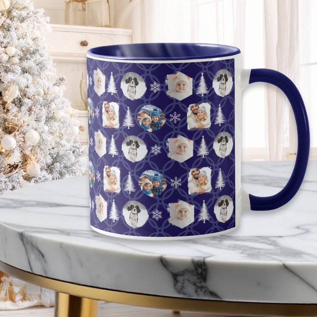 Taza Festive 4 Photo Collage Navy Blue Christmas (A stylish dark blue mug with a collage of 4 custom photos, along with snowflakes and Christmas trees)