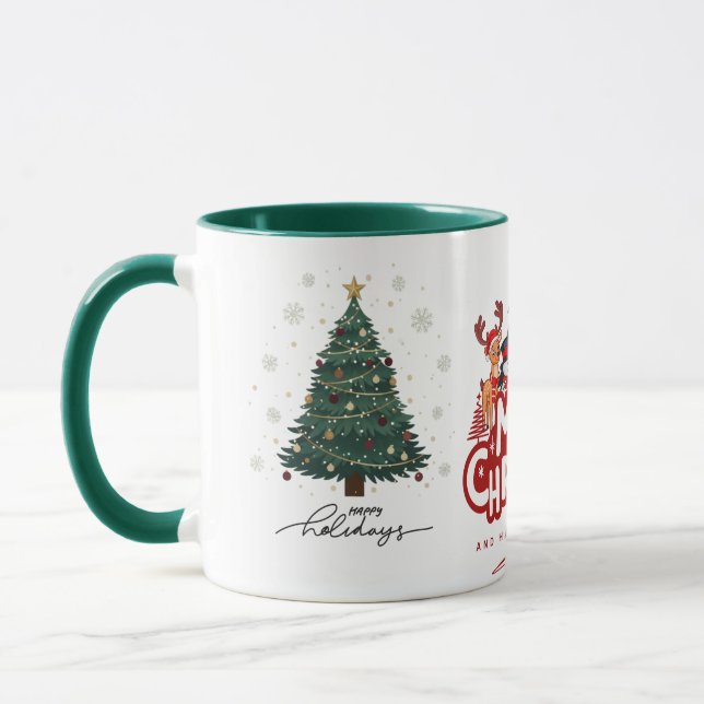 Taza Festive Merry Christmas Holidays Tree Reindeer (Izquierda)