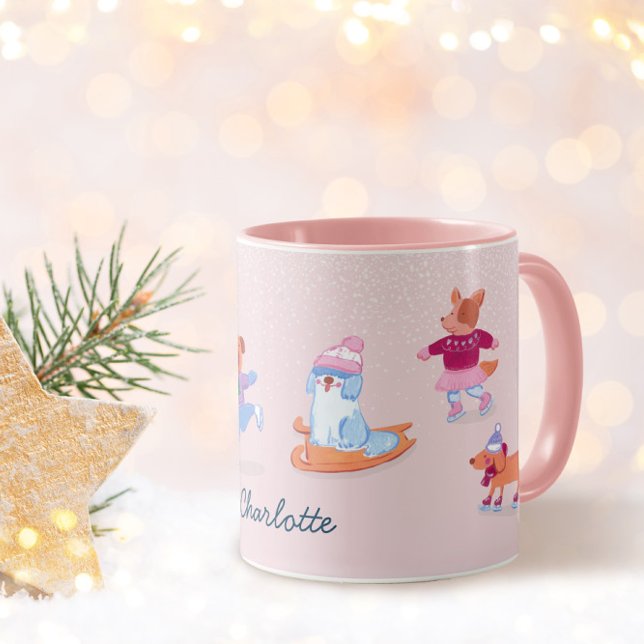 Taza Festive Winter Cute Ice Skating  Dogs Name (Subido por el creador)