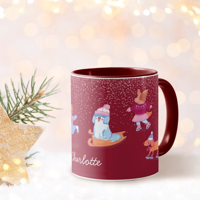 Taza Festive Winter Cute Ice Skating  Dogs Red Name (Subido por el creador)