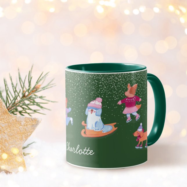 Taza Festive Winter Iceskating Dogs Xmas Green Name Mug (Subido por el creador)