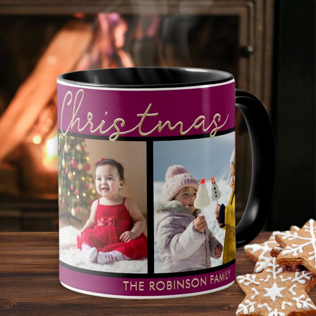 Taza Festividad Borgoña Feliz Navidad 3 Fotos Collage (An elegant mug with Merry Christmas greeting, to customize with 3 favorite photos and your name(s))