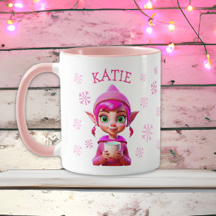 Taza Festividad de copos de nieve rosados de elfo Navid