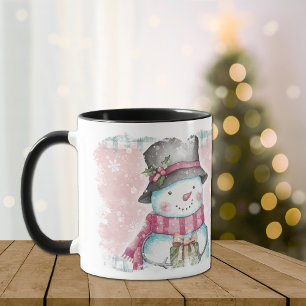Taza Festividad de Snowman, copo de nieve gris rosado