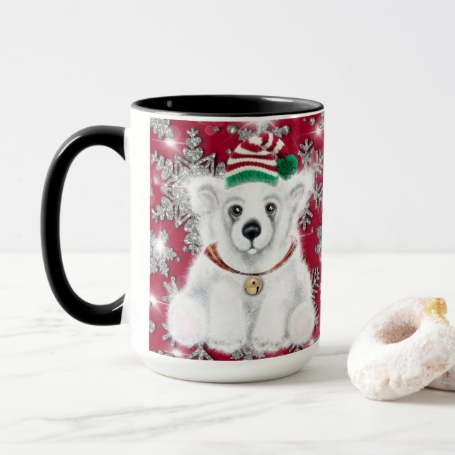 Taza Festividad festiva lindo Oso polar purpurina copo  (Con donut)