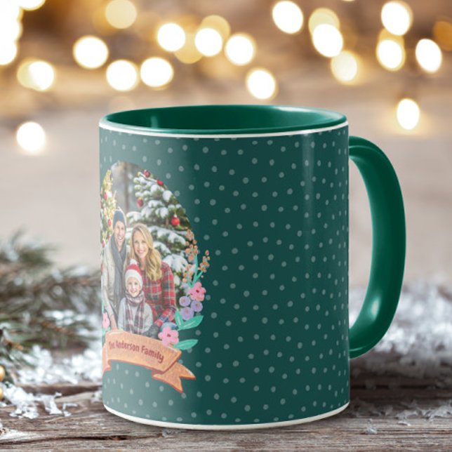 Taza Festividad Floral Wreath Green Photo Navidad Mug (Subido por el creador)