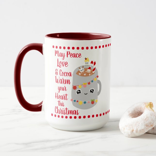 Taza Festividad Red Kawaii Peace Love Cocoa Merry Xmas (Con donut)