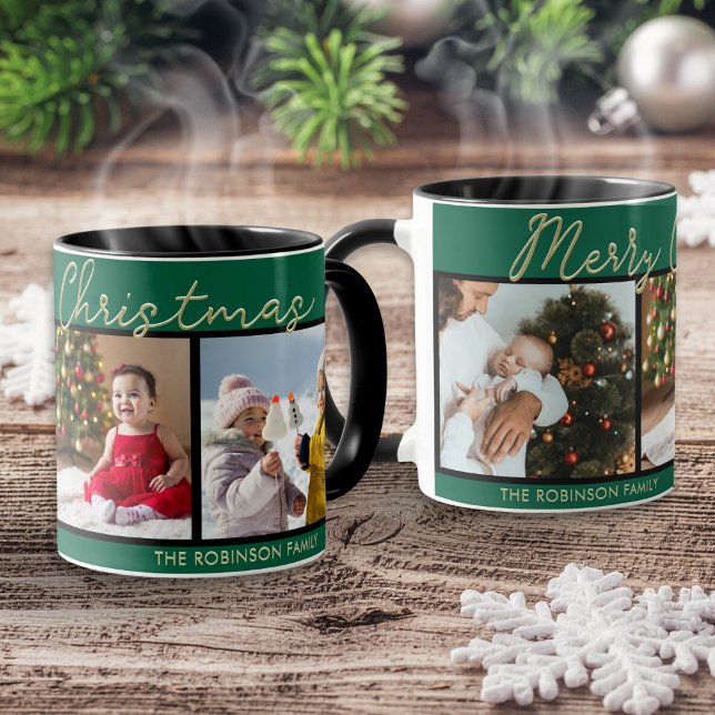 Taza Festividad Verde Feliz Navidad 3 Fotos Collage (A festive personalized green mug, with Merry Christmas greeting and a gallery of your own photos)
