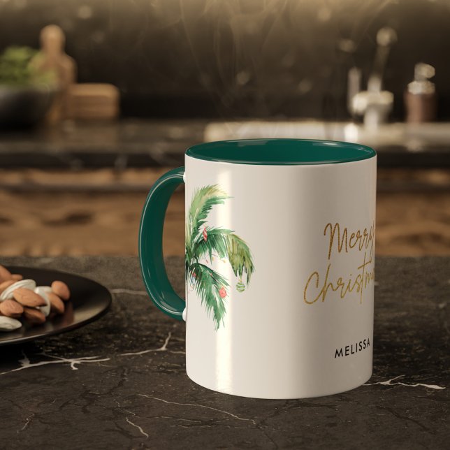 Taza Festividades personalizadas del Árbol de palma nav (Christmas Holidays Coastal Celebration Palm Tree Personalized Green Two Tone Coffee Mug)