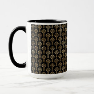TAZA FILAS DE NUDOS CÉLTICOS Y CRUCES NEGROS Y DORADOS 
