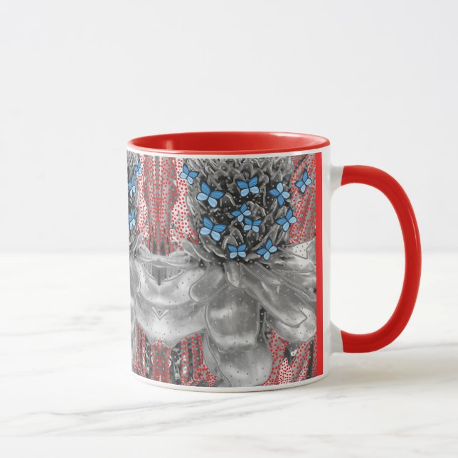 Taza Firma de hormigas rojas de piña y mariposas azules (Derecha)