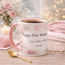 Taza First Mother’s Day Personalized Floral Rose Pink