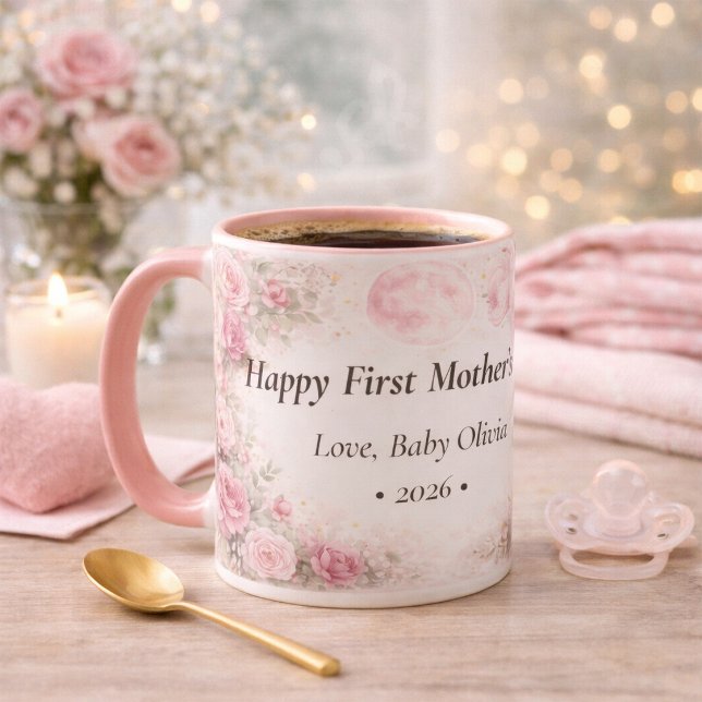 Taza First Mother’s Day Personalized Floral Rose Pink (Subido por el creador)