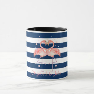 Taza Flamencos rosados enamorados, Rayas azul marino